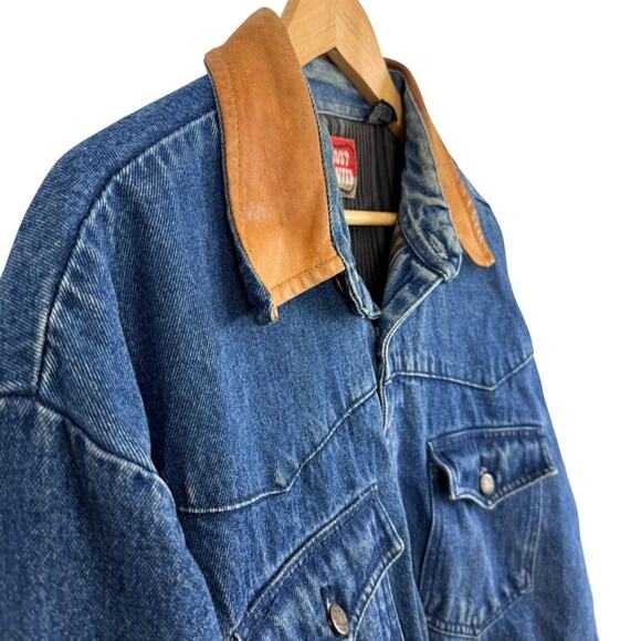 Most Wanted 100% Cotton Denim Leather Collar Barn Chore Field Jacket Coat sz L - Picture 4 of 16